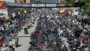 Motorcycle parked on the streets of Sturgis for the annual motorcycle rally.